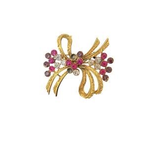 Vintage CORO Pin Brooch Pink Purple Gold-Tone Ribbon Signed Missing Stones